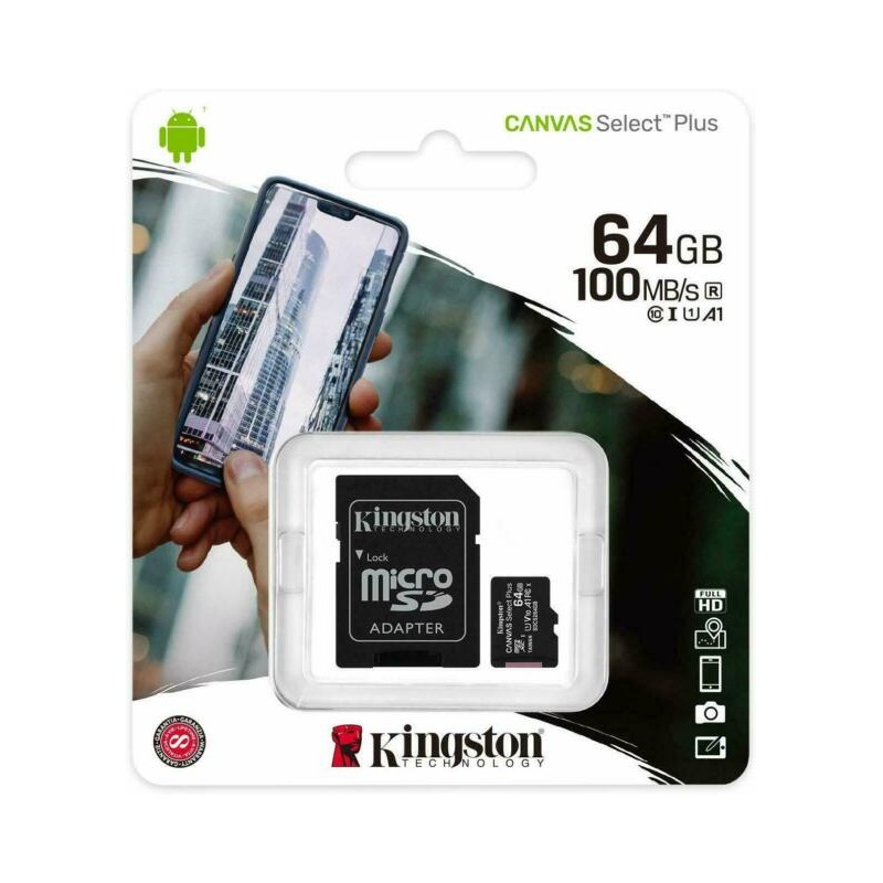 SD Memory Card MICRO 64GB SDCS2/64GB CLASS10 UHS-I 100MB/S + ADATTATORE CANVAS SELECT PLUS KINGSTON