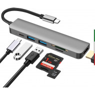 DOCK STATION 6 in 1 Hub USB tipo c con 4K HDMI, SD/TF Card Reader, USB 3.0 e USB 2.0, 100 W di ricarica compatibile con MacBook