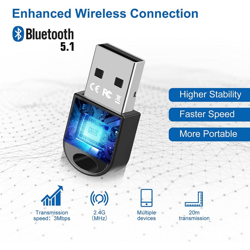 Adattatore Bluetooth USB 5.1, Chiavetta Bluetooth per PC Laptop EDR Dongle USB Bluetooth Compatibile con Windows 11/10/8.1/7
