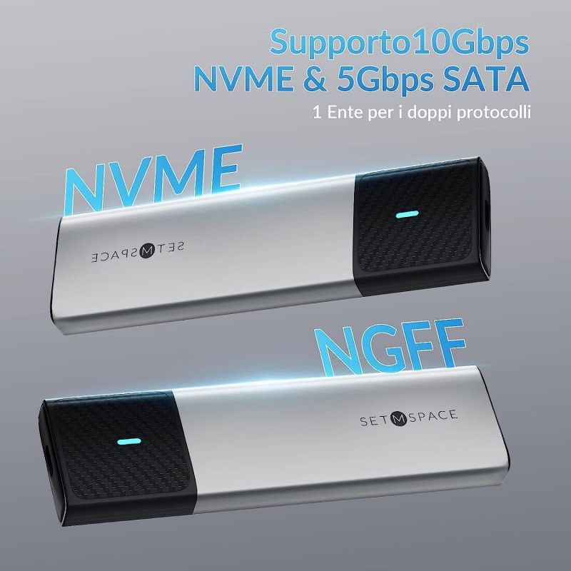 BOX Case SSD M2 [NVME & SATA], Enclosure SSD M2 NVMe USB C 3.1 Gen2 10Gbps, SETMSPACE Adattatore SSD M2 NVMe USB Compatibile co