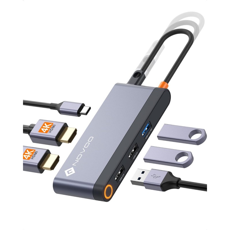 DOCK STATION USB-C Doppio Monitor, Adattatore da USB-C a Doppio HDMI con HDMI 4K 60Hz, 100W PD, 3 Porte USB, Adattatore Thunder