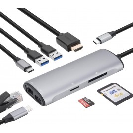DOCK STATION USB CHub USB C 8 IN 1, HDMI 4K a 30 Hz con ricarica PD USB-C da 100 W, 3 * USB 3.1, Ethernet da 1 Gbp/s e slot per