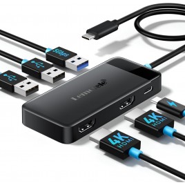 DOCK STATION Hub USB C 6 in 1 Multiporta, 2 HDMI 4K@30Hz, 3 USB 3.0, PD 100W - Docking Station per Monitor Doppio, Caricamento 