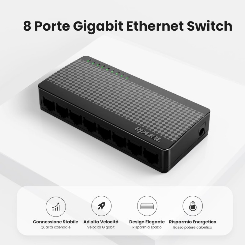 SWITCH 8P Ethernet Gigabit TENDA, Switch Gigabit 10/100/1000 Mbps, Switch Rete con Indicatore LED, Plug & Play, Mini Formato, M