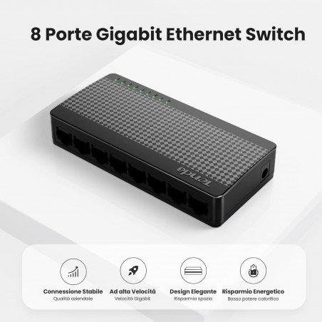 SWITCH 8P Ethernet Gigabit TENDA, Switch Gigabit 10/100/1000 Mbps, Switch Rete con Indicatore LED, Plug & Play, Mini Formato, M