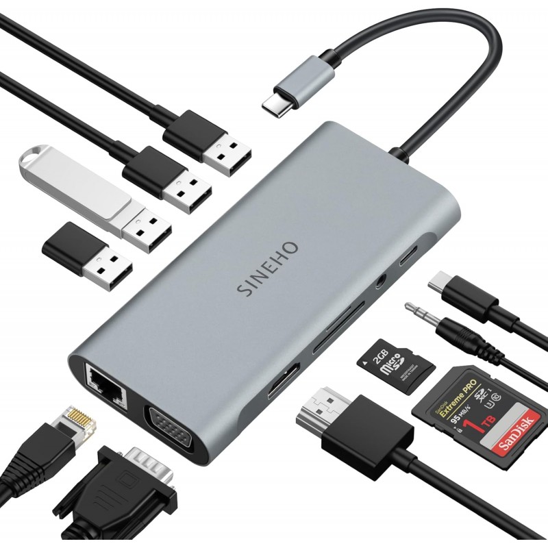 DOCK STATION USB CHUB USB C Docking Station, 11 in 1 Adattatore USB C con 4K HDMI, VGA, Ethernet, 4 porte USB, SD/TF, 100W PD, 