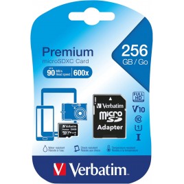 SD Memory Card MICRO Verbatim C con adattatore - 256 GB - Velocità di lettura fino a 90 MB/s - scrittura minima 10 MB/s - Nero