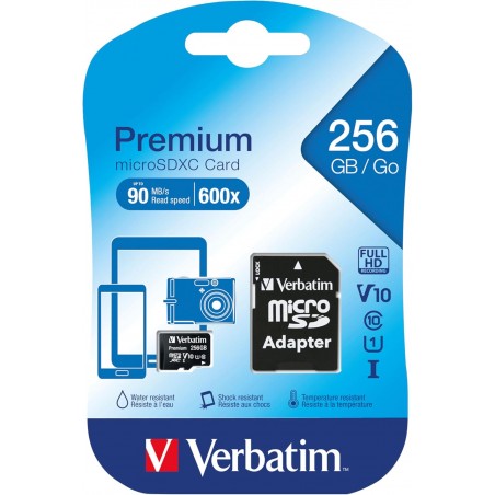 SD Memory Card MICRO Verbatim C con adattatore - 256 GB - Velocità di lettura fino a 90 MB/s - scrittura minima 10 MB/s - Nero