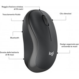 Mouse Logitech M240 Silenzioso Bluetooth e Wireless, CompattoPortatile, Smooth Tracking, batteria 18 mesi, per Windows, macOS, 