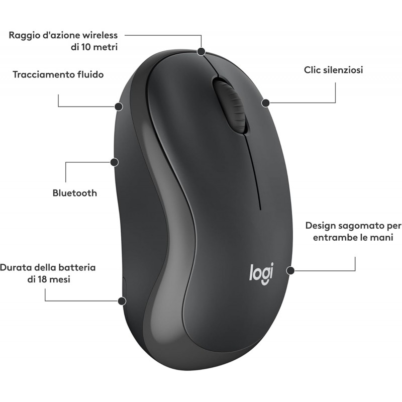Mouse Logitech M240 Silenzioso Bluetooth e Wireless, CompattoPortatile, Smooth Tracking, batteria 18 mesi, per Windows, macOS, 