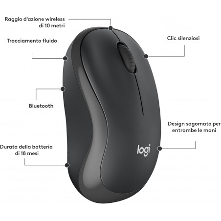 Mouse Logitech M240 Silenzioso Bluetooth e Wireless, CompattoPortatile, Smooth Tracking, batteria 18 mesi, per Windows, macOS, 